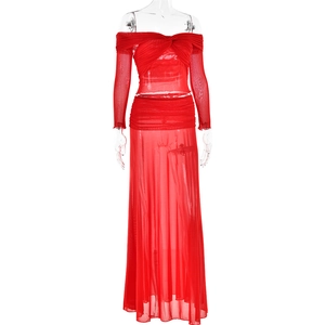 Detail view of red off-shoulder sheer mesh two-piece dress set on a transparent mannequin