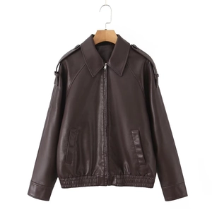 Dark brown faux leather biker jacket with lapel collar and zipper on white background