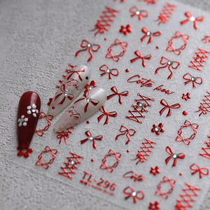 Metallic red bow and ribbon nail stickers set TL-296 with elegant rhinestone accents