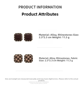 Detail of square vintage fabric earrings with rhinestones and houndstooth pattern