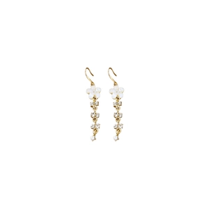Elegant gold drop earrings with white flower petal design and zircon crystal tassels