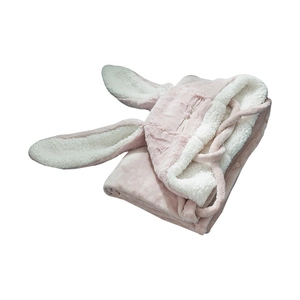 Pink bunny hooded fleece blanket with rabbit ears and soft white lamb wool lining