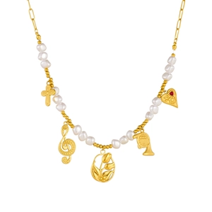 Gold stainless steel necklace with pearls, music notes, cross and heart pendants