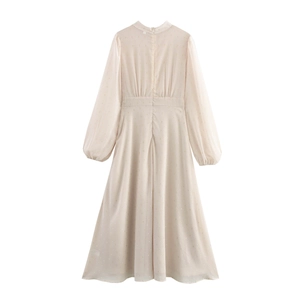 Elegant beige long sleeve pleated chiffon dress with gold polka dots and lantern sleeves