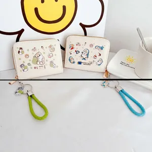 Cute cat and penguin cartoon card wallet with wrist strap and zipper closure