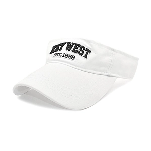 Close-up of Key West 1828 3D embroidery on a white washed cotton sun visor cap