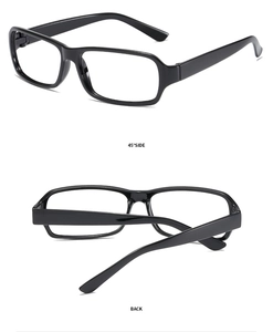 Detailed 45-degree side and back view of black square full-rim plastic eyewear frames