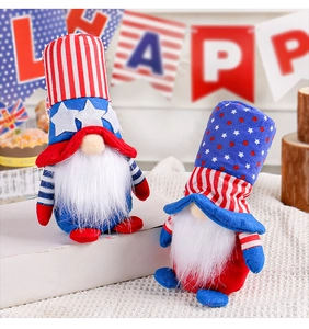 Close-up of patriotic gnome plush decor set in classic US flag red white and blue colors