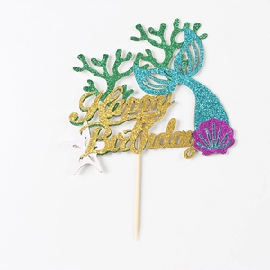Glitter mermaid Happy Birthday cake topper with colorful shells, coral, and starfish