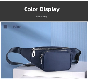 Detail of navy blue waterproof nylon fanny pack with dual silver zippers on white podium
