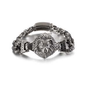 Men's Stainless Steel Lion Head Bracelet Retro Punk Heavy Cuban Link Chain Embossed Texture Gothic Rock Jewelry