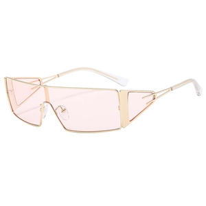 Futuristic metallic pink wrap around sunglasses with gold frame in a 45-degree angle view