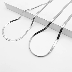 Polished titanium steel flat snake chain necklace set for men and women on white pedestal