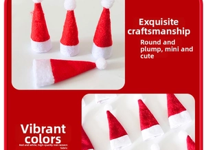 Close-up of mini red and white non-woven fabric Christmas hats for lollipop decoration