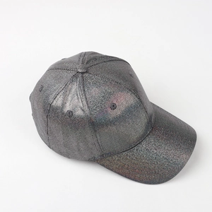 Detail of the holographic silver baseball cap showing metallic glitter texture and curved brim