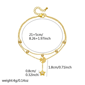 Bracelet de cheville double couche avec étoile, lune et cristaux en acier inoxydable doré