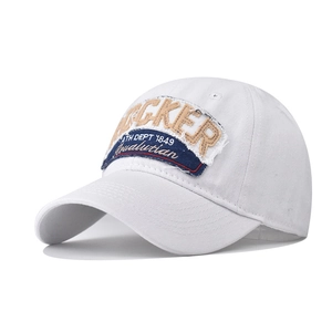 White washed cotton baseball cap with vintage Rocker embroidery and athletic patches