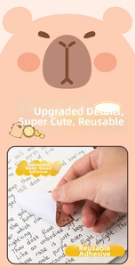 Detail of cute Capybara sticky notes showing removable adhesive for reusable pasting