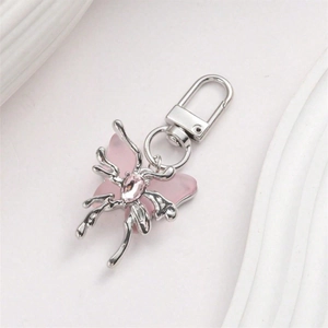 Elegant silver alloy butterfly keychain with pink matte crystal and diamond center