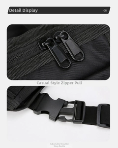 Detail of durable dual zippers and adjustable shoulder strap buckle on black tactical vest