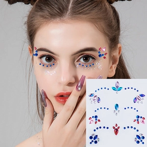 Detailed view of colorful facial rhinestone stickers on model skin and packaging