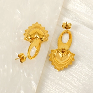 Golden stainless steel heart sun stud earrings with oval pendants for a stylish look