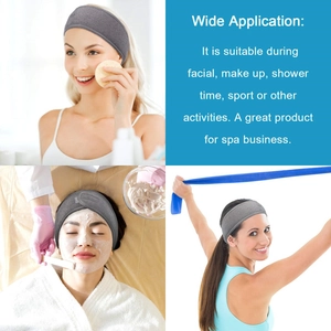 Collage showing grey fabric headband used for facial care, makeup and sports activities