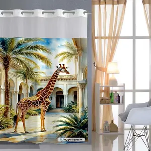 Detail of waffle weave shower curtain with giraffe print and metallic grommets top