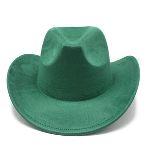 Detail view of the green suede fedora hat showing textured felt and curved brim stitching