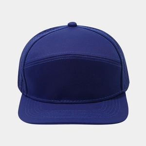 Dark blue 5-panel flat brim baseball cap with laser-cut ventilation holes for outdoor wear