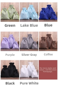 Detailed grid of burlap drawstring bags in eight colors and three various sizes