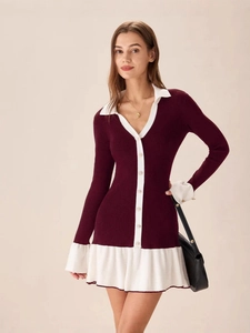 Elegant long-sleeve knit dress in wine red and cream with ruffled skirt for women