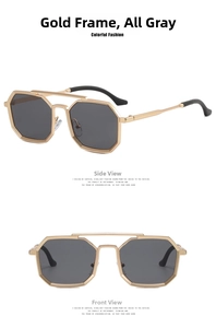 Detailed views of gold steampunk polygonal sunglasses with grey lenses and double bridge