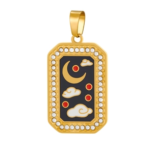 Golden rectangular necklace pendant with crescent moon, enamel, and zircon stones