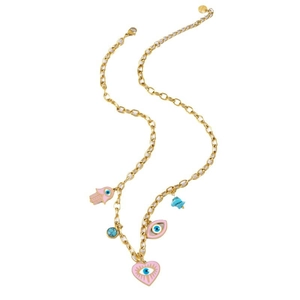 Golden titanium steel necklace with pink heart eye and Fatima hand charms