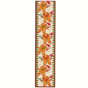 Christmas gingerbread man table runner with festive linen print and red green borders