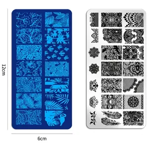 Dual rectangular stainless steel nail stamping plates featuring lace and floral patterns