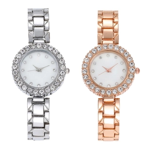 Luxury women's quartz watch set in silver and rose gold with rhinestone-studded bezels