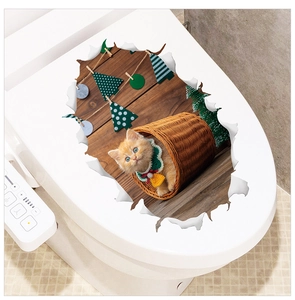Detailed 3D festive cat sticker applied on a white toilet lid for Christmas decor