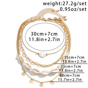 Detailed technical diagram of multi-layer gold beach necklace set with shell charms
