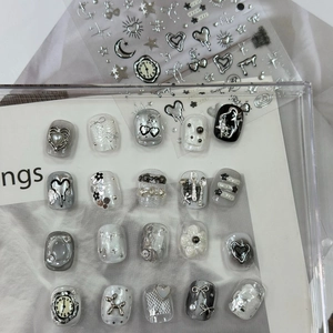 3D metallic nail art stickers and press-on nails set with silver stars and hearts