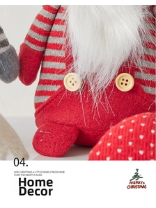 Macro detail of Christmas gnome decoration showing red knit fabric and fuzzy white beard