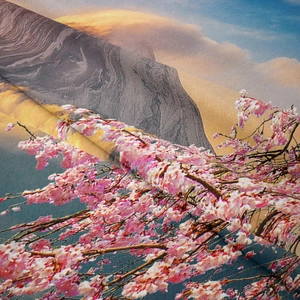Close-up of fine woven texture on Mt Fuji tapestry with cherry blossom print