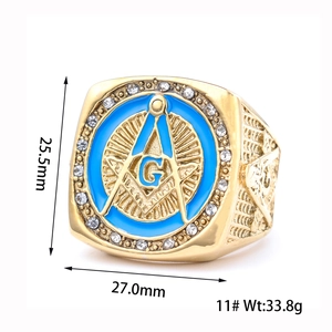 Goldener Freimaurerring aus Edelstahl mit blauem Emaille und Kristallverzierung