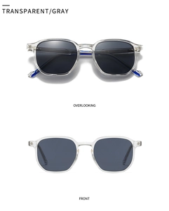 Front and top view of retro square polarized sunglasses with transparent gray frames