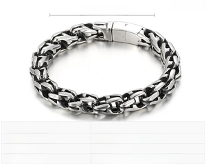 Macro detail of punk steel chain bracelet with 9mm width and 215mm length measurements