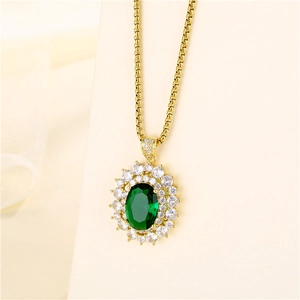 Oval Green Zircon Pendant Necklace Stainless Steel Geometric Full Rhinestone Elegant Jewelry For Women
