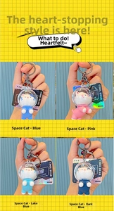 Detailed view of four silicone space cat keychains in blue, pink, and cyan astronaut suits
