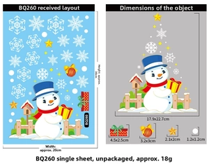 Detailed size specifications for BQ260 Christmas snowman static window stickers