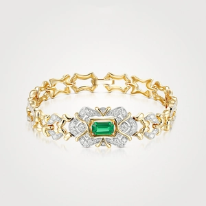 French Vintage Emerald Cut Green Zircon Link Bracelet Art Deco Architectural Gold Plated Copper Jewelry For Women